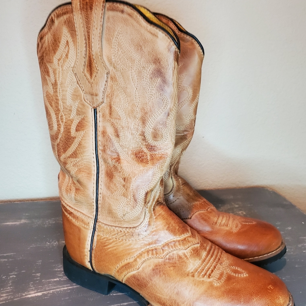 Smoky Mountain Cowboy Western Boots Tan Leather Youth Size 5.5 D Boys Girls